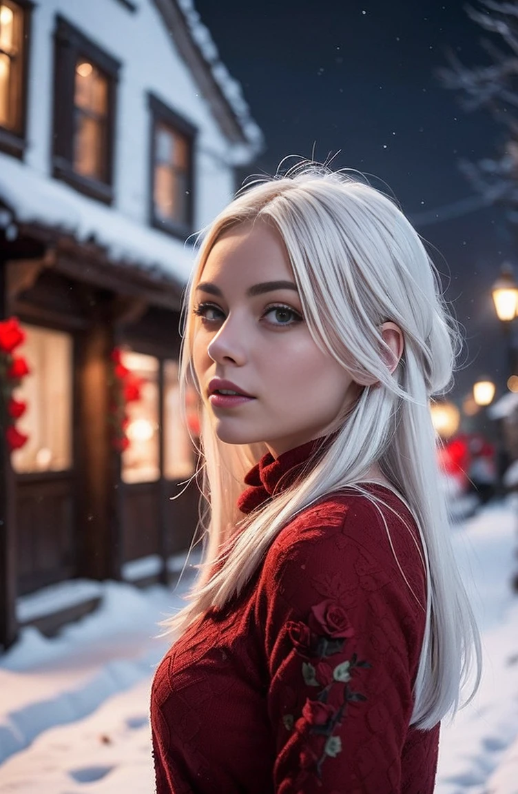 background, a snowy village, winter night, northern lights. Middle ground: an ultra hot european woman, age 23, white hair, (facing the camera). ((foreground: (blurry) red roses))