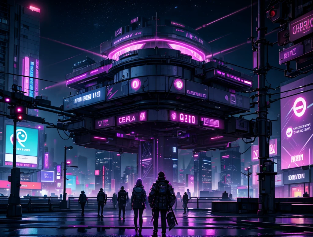 cyberpunk city, neon light, ight, HDR, futuristic building, purple light, purple moon, purple theme, traffic light, 4k resolution, landscape, depth of field