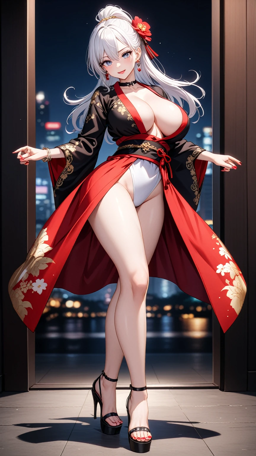 ((One personの女性)), Beautiful Face, (Laughing embarrassedly), (seductive smile:1.2),((Doing sexy poses:1.3)), ((Wink:1.9)), (head tilt:1.3), Laugh with your mouth wide open, upper teeth, looking down at viewer, ((Bright red cheeks:1.4)),Glossy Red Lips,Night view of Yokohama Bay Bridge, firework, Glossy red lips, (Shining Face), ((Anime style background)),masterpiece, Highest quality, so beautiful,up to date, Complex details, (Pink long nails),(ring),(bracelet),(Floral choker),(black high heel sandals)), AI-generated, Complex,High resolution, Highest quality, super high quality,3D Images、3D Images,One person,Long white hair,High Ponytail, Anime woman posing for a photo,(blue eyes), ((Fine grain、Light-colored silvery white eyes、Shining Eyes:1.1)), (Squint your eyes:1.1),a hyperRealistic , hyperRealistic , Realistic,Anime woman with long white hair, Smooth anime CG art, A woman in a colorful kimono with gold embroidery, (Black long sleeve kimono),Red floral pattern,Long flower hair ornament,Earrings,Mature Body,(Big Breasts:1.1),Tall,Abdominal muscles,Tight waist,(full body:1.4), (front view),