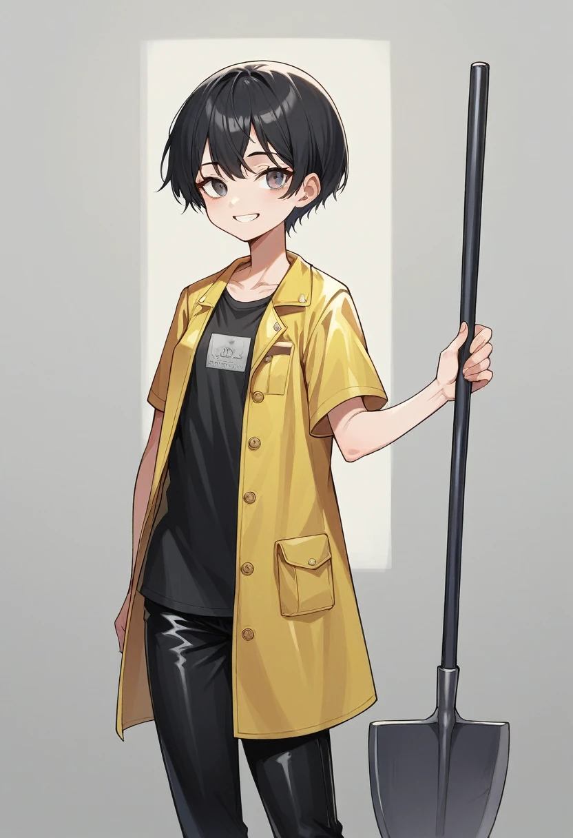 ((very tall girl)), 1 girl, full height, very short black hair, small breasts, in a long black leather raincoat, raincoat unbuttoned, small breasts, gray eyes, smiling, T-shirt and pants under the raincoat, holding a long shovel in her hands, 1 girl in the frame