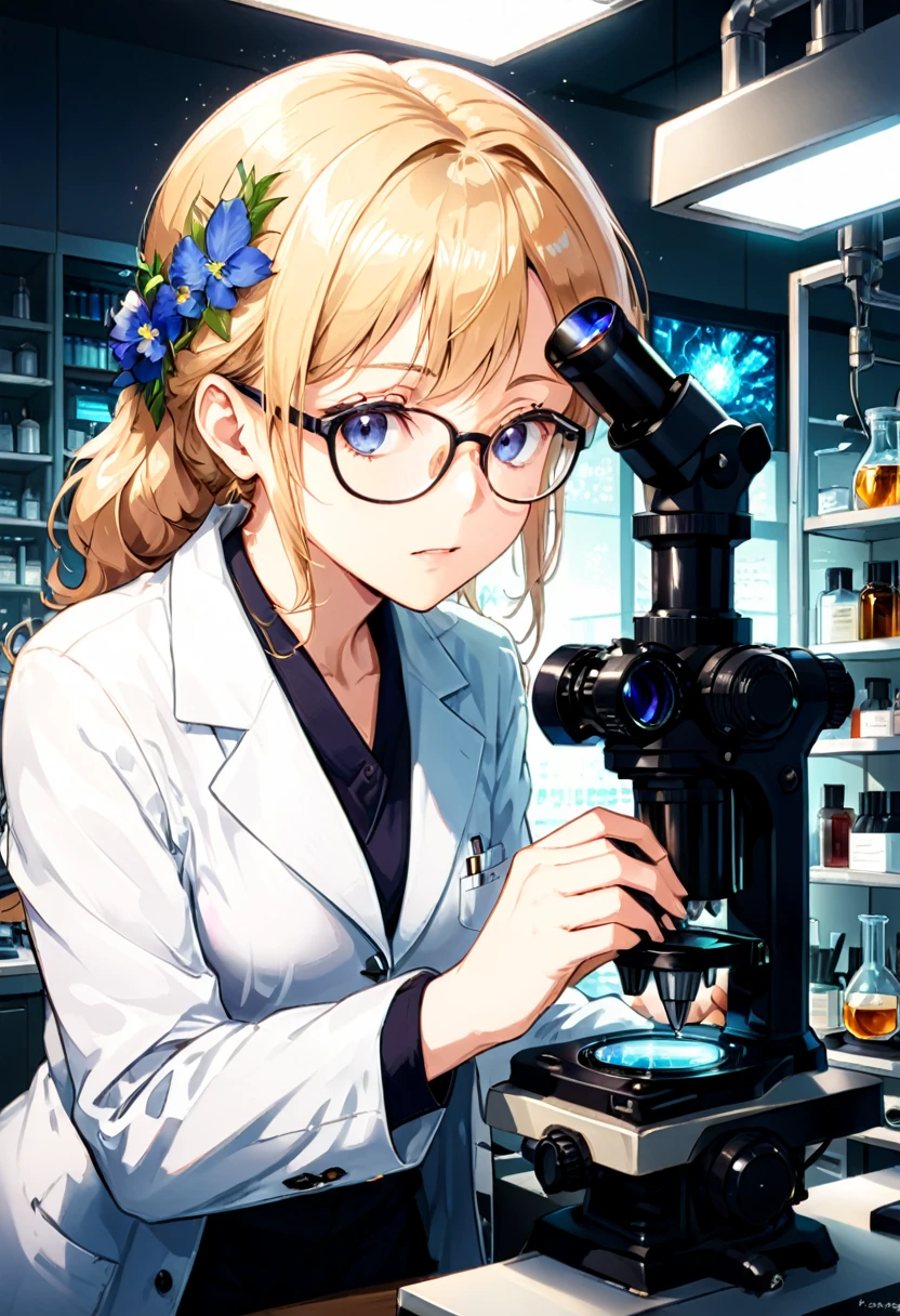 (Wearing Glasses), a scientist is focusing on observing samples under a microscope. Her glasses reflect the laboratory light, and her intelligent gaze is focused and firm. The background is inside the laboratory, full body, (Photography), panoramic view, award-winning, cinematic still, emotional, vignette, dynamic, vivid, (masterpiece, best quality, Professional, perfect composition, very aesthetic, absurdres, ultra-detailed, intricate details:1.3)