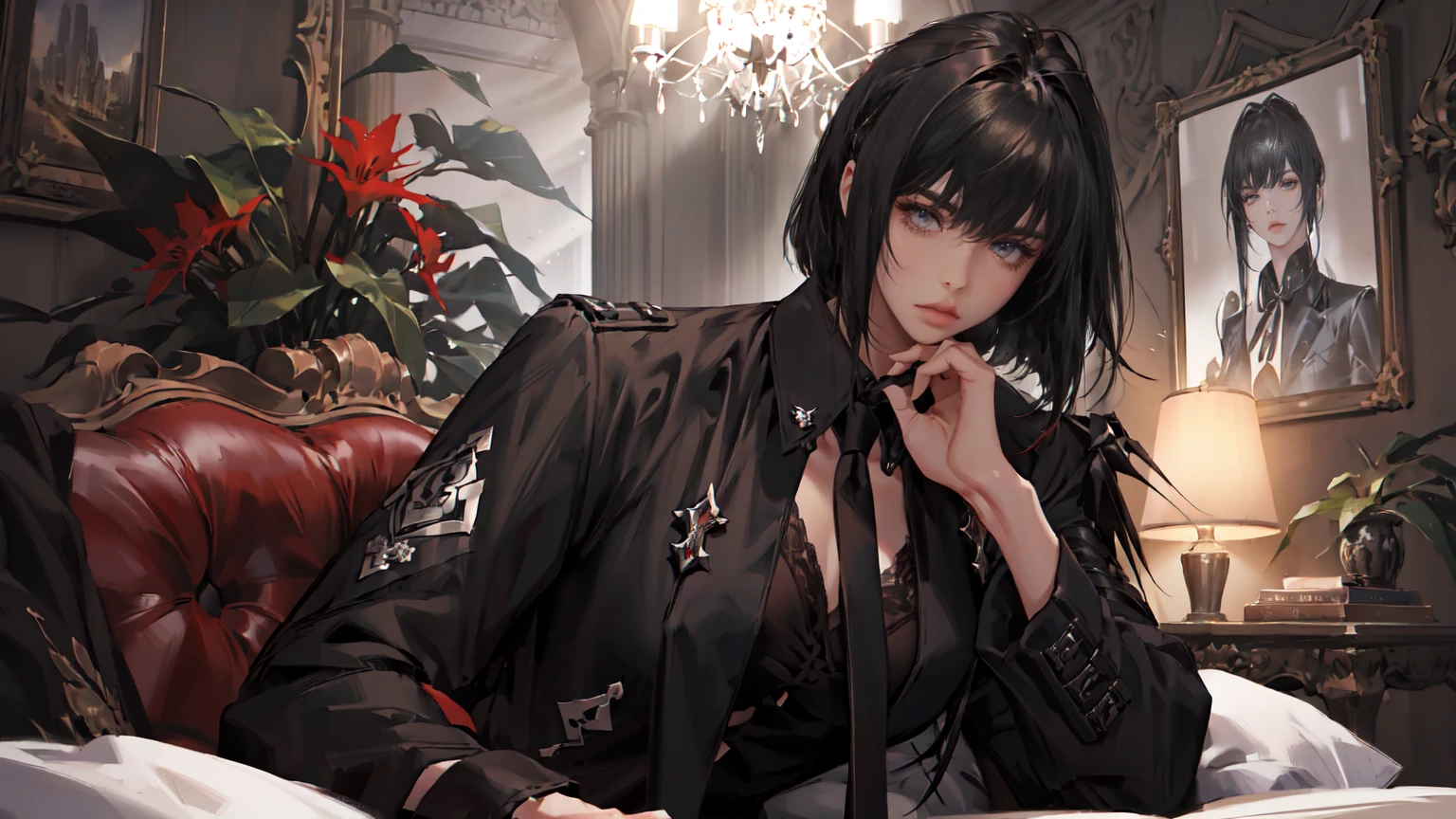 (Epic Showcase: like Arknights Character banner , Designs in Detail)(Masterpiece, Best Quality, Ultra High Resolution , Digital Art,Beautiful and Aesthetic )Perfect proportions of the body , not an ordinary perspective . .the whole body is covered by clothes. (strict posture , One Fashionable adult girl with a short oblique bob, slender figure, ) in modern men's suit in professional performance , matte black color , lovely thin white but long tie , (silk thick threads of red color connect the necklines on the sides of the whole suit) , . The character sits on a large massive sofa with lots of leather , an interesting and atmospheric pose that characterizes the character ,(Photorealistic style combined 2.5D . realistic anatomy , beautiful perspective . Best image quality , pastel color , focus on the face , Big Hair ( black with red gelding ) , well detailed eyes , detailed background in modern boudoir style . )