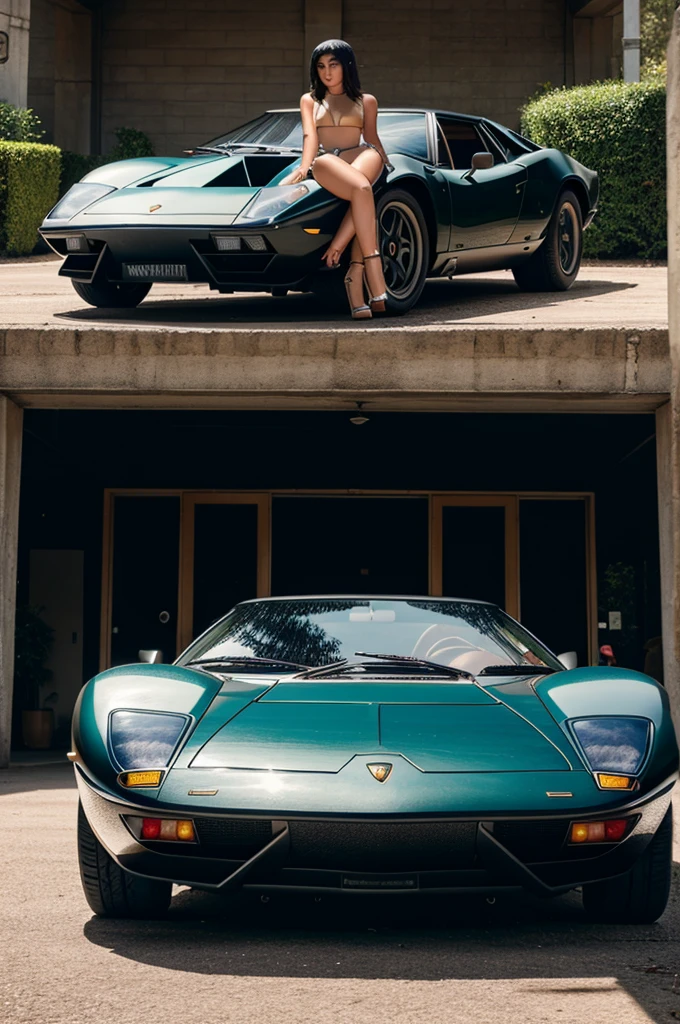 Smilimg Penelope Cruz topless standing next to Ferrari Enzo supercar, 4k, hyper realistic,garter belt, high heels