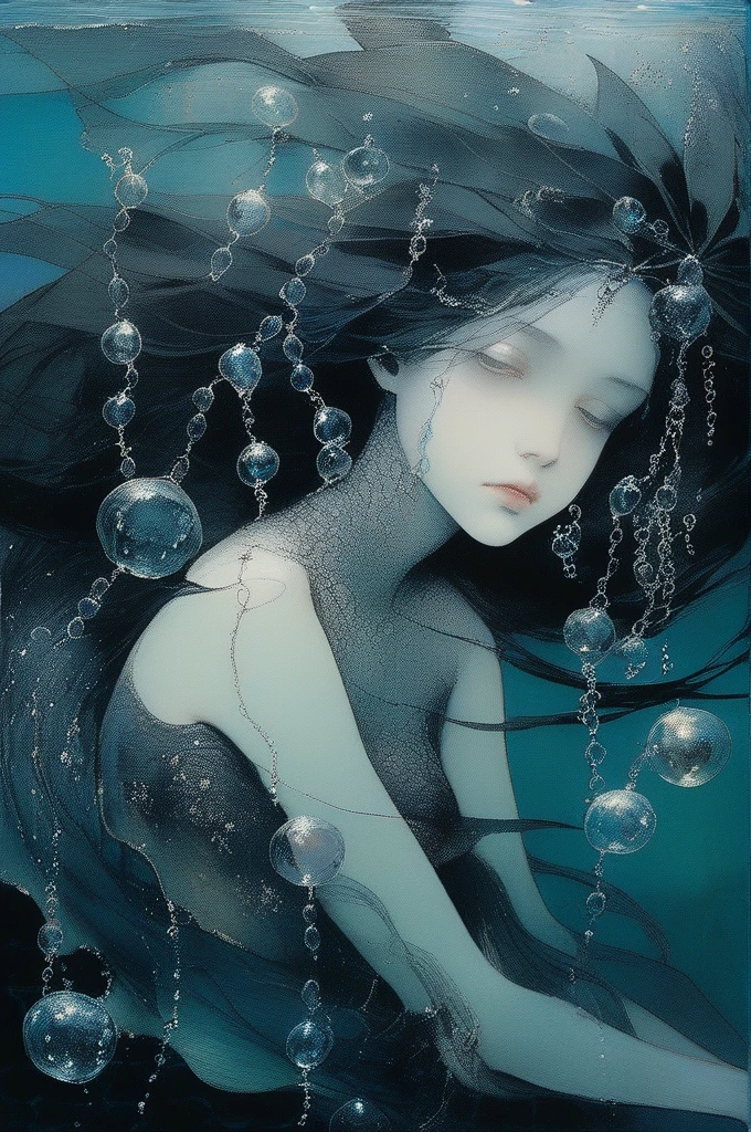 James Gurney, Surrealist art , dream-like, mysterious, Provocative, symbolic, complex, detailed,, (Gothic but very beautiful:1.4), (masterpiece, Highest quality:1.4) , Nicola Samori Style, Beautiful old mermaid in the ocean、Ocean、Water bubbles