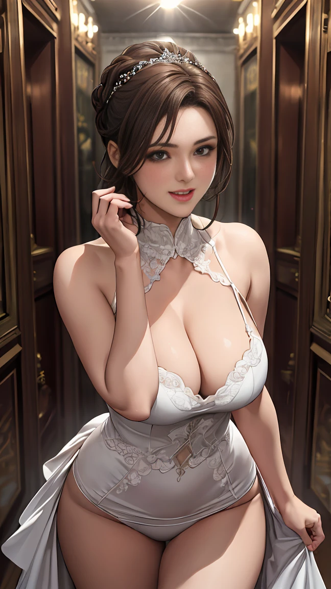 (1 Ultimate Beautiful Mature Woman)、hyperdetailed face、Detailed lips、A detailed eye、double eyelid、bun brunette hairstyle, ((Laugh))、((large full breasts))、thighs thighs thighs thighs、(Sexy Wedding Dress), (Cowboy Shot:1.Please select suitability, depth of fields、Perfect image realism, Background with:((Secret Room of the Members Club))、Careful Background with, detailed costume, Perfect litthing、Hyper-Realism、Photorealsitic、8K maximum resolution, (​masterpiece), Highly detailed, Professional