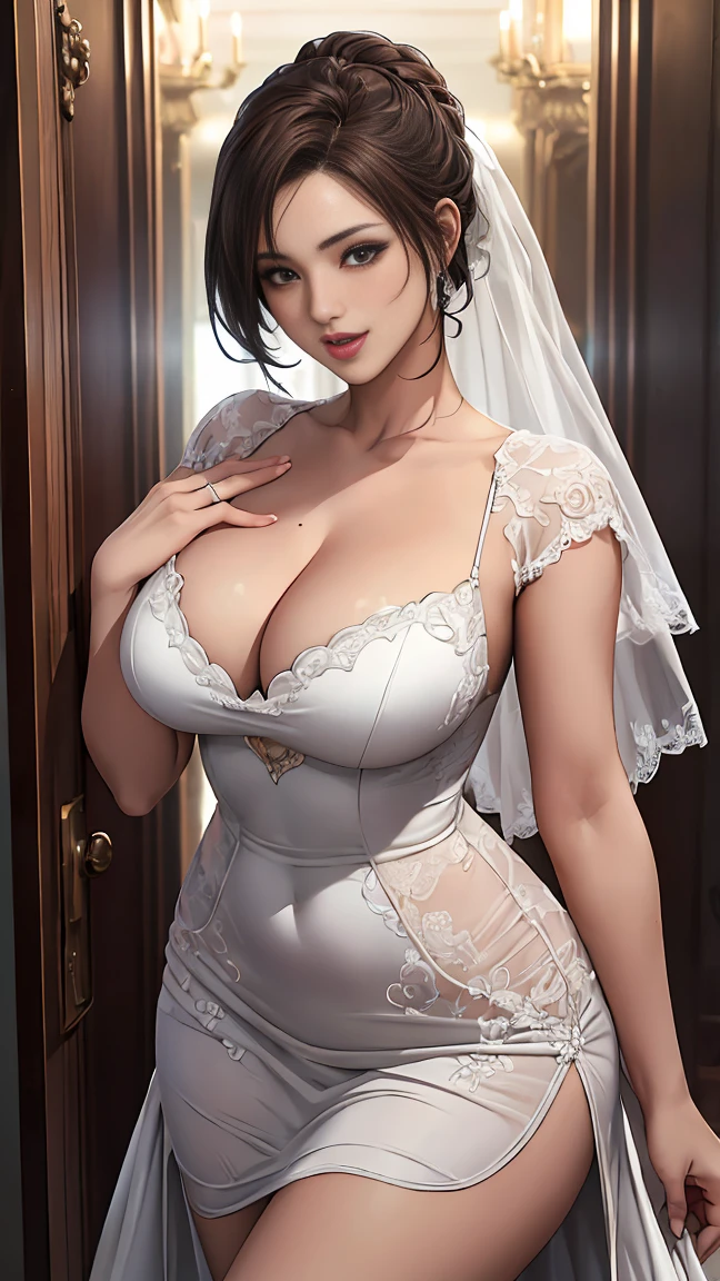 (1 Ultimate Beautiful  Woman)、hyperdetailed face、Detailed lips、A detailed eye、double eyelid、bun brunette hairstyle, ((Laugh))、((large full breastghs thighs thighs thighs、(Sexy Wedding ss), (Cowboy Shot:1.Please select suitability, depth of fields、Perfect image realism, Background with:((Secret Room of the Members Club))、Careful Background with, detailed costume, Perfect litthing、Hyper-Realism、Photorealsitic、8K maximum resolution, (​masterpiece), Highly detailed, Professional