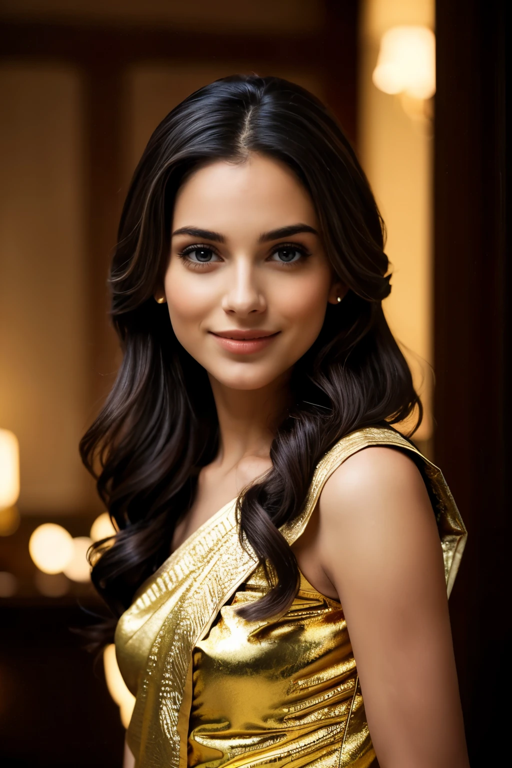 (masterpiece), realistic, A full body picture (27yr old female), beautiful face, wearing a beautiful saree, studio lighting, cinematic light, beautiful woman, beautiful black eyes, milk beige middle hair, perfect anatomy, very cute smile, princess eyes , (black eyes), (head frame), center image, style, bioluminescent, 8 life size, 8k Resolution, human hands, curiously complete, elegant, close to perfection, dynamic, highly detailed, character sheet, concept art, smooth, positioned so that their bodies are symmetrical and balanced directly towards the viewer, amazing Incredibly beautiful 20-something india girl, detailed hairstyles, Photo real, hyper-realistic, high dynamic range, rich colors, lifelike textures, 8K UHD, high color depth, Nikon D 850, Kodak Portra 400, Fujifilm XT