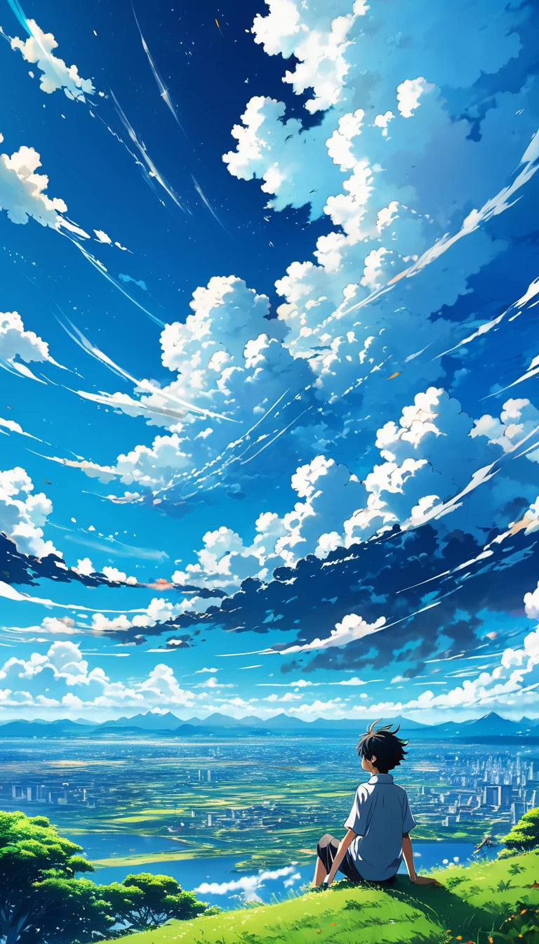 a boy falling from the sky Well detailed anime landscape, a boy falling from the sky, falling seen from afar, clouds, small with brush strokes, serene sky anime nature wallpapers, beautiful anime scene, beautiful anime peace scene, Makoto Shinkai Cyril Rolando, beautiful anime scene, amazing wallpaper, anime art 8k wallpaper, anime background, anime art background, anime 4k wallpaper, anime art 4k wallpaper, wallpaper anime art 4k,