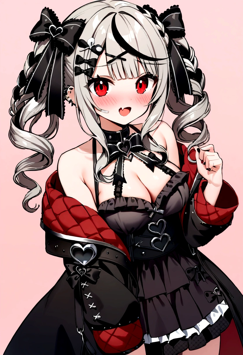 Sandalwood, sakamata chloe, sakamata chloe (jirai kei), 1girl, bandaid, bandaid hair ornament, bare shoulders, black bow, black coat, black hair, blush, bow, breasts, cleavage cutout, clothing cutout, coat, dress, drill hair, fang, frilled dress, frills, grabbing own breast, grey hair, hair bow, hair ornament, medium breasts, long hair, looking at viewer, multicolored hair, official alternate costume, red coat, red eyes, skin fang, sleeveless, sleeveless dress, twin drills, two-sided coat, two-sided fabric, x hair ornament