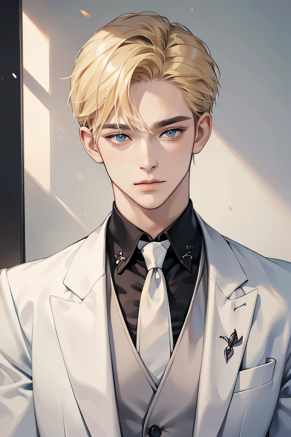 Masterpiece, best quality, finely details, 1 man, young man, gentle, carolina eyes, short blonde hair, closed mouth, white shirt, elegant, black suit, half body
