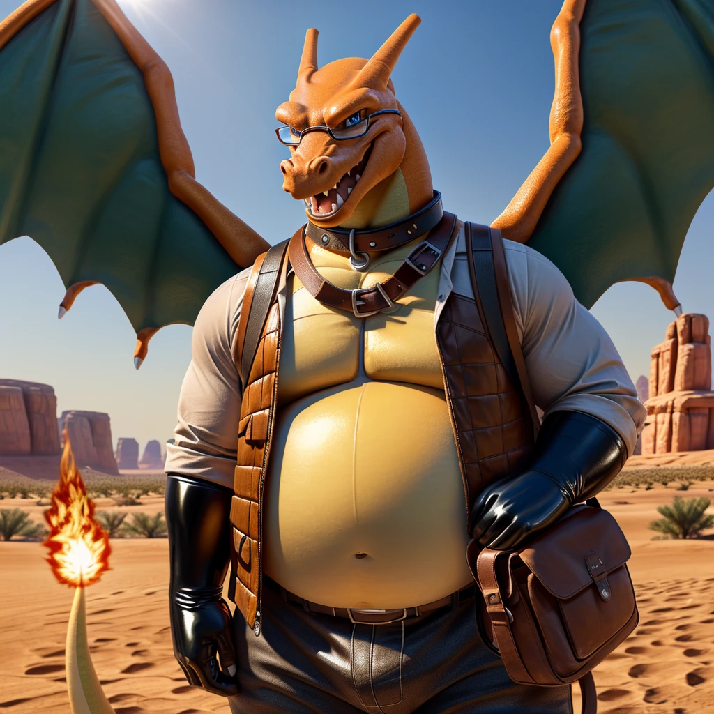 Male, fat, extremely obese, Charizard, blue eyes, (posing:1.3), (soft shading), 4k, hi res, ((detailed face, detailed)), looking at viewer, smile, open mouth, desert, cactus, shirt, hat, male focus, cowboy shot, glasses, pants, bag, vest, backpack, sleeves rolled up, round eyewear, brown headwear, brown vest, whiskers, Charizard is wearing a glossy leather dog collar around the neck, Charizard is wearing the leather collar and shirt and vest at the same time, Charizard is wearing glossy black rubber gloves on the hands, gloves are rubber in texture.