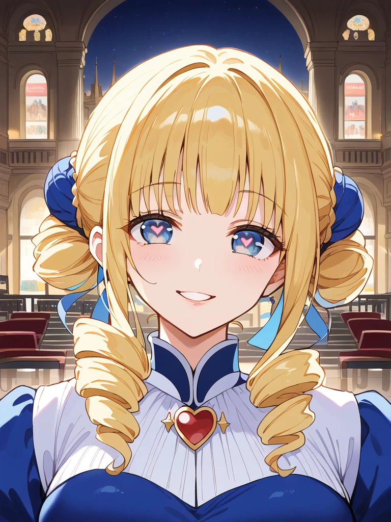 Drill Hair, curtained hair, Hair Bun, Big Hair, Medium Hair, リボンHair Bunド, Heart-shaped pupils, Raise your eyebrows, smile, Pursed lips, Surrealism, Renaissance, anime, anime style, Cinema Lighting, Depth of written boundary, God's Rays, Cast a Shadow, Fujicolor, First Person View, throw, Wide-angle, anime style, Surrealism, 超High resolution, retina, masterpiece, Accurate, Textured skin, Attention to detail, High resolution, 16K