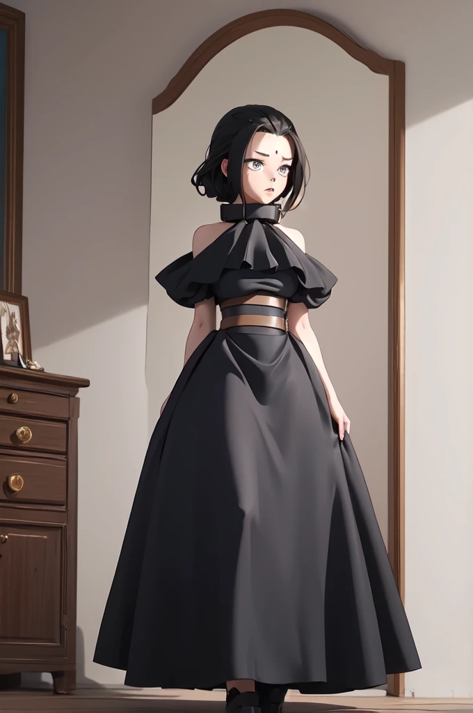 (masterpiece, best quality), 1girl, AgataWitch, thick black collar around neck, black dress, bedroom, full body,