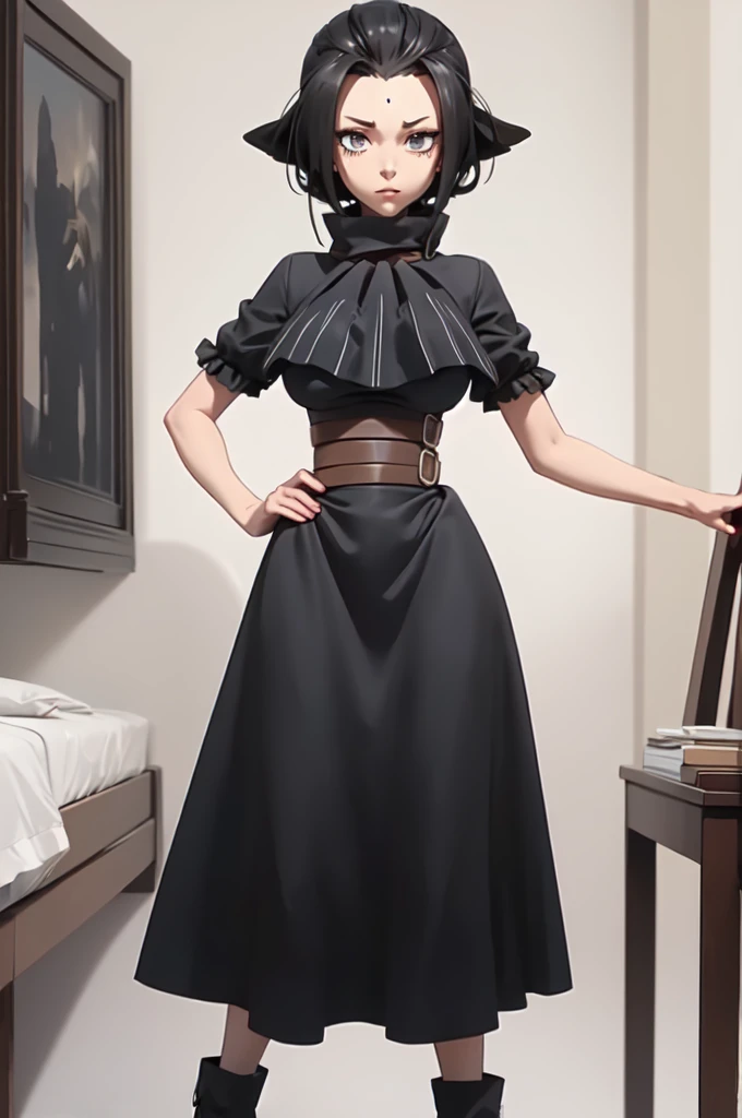 (masterpiece, best quality), 1girl,   AgataWitch, thick black collar around neck, black dress, bedroom, full body,