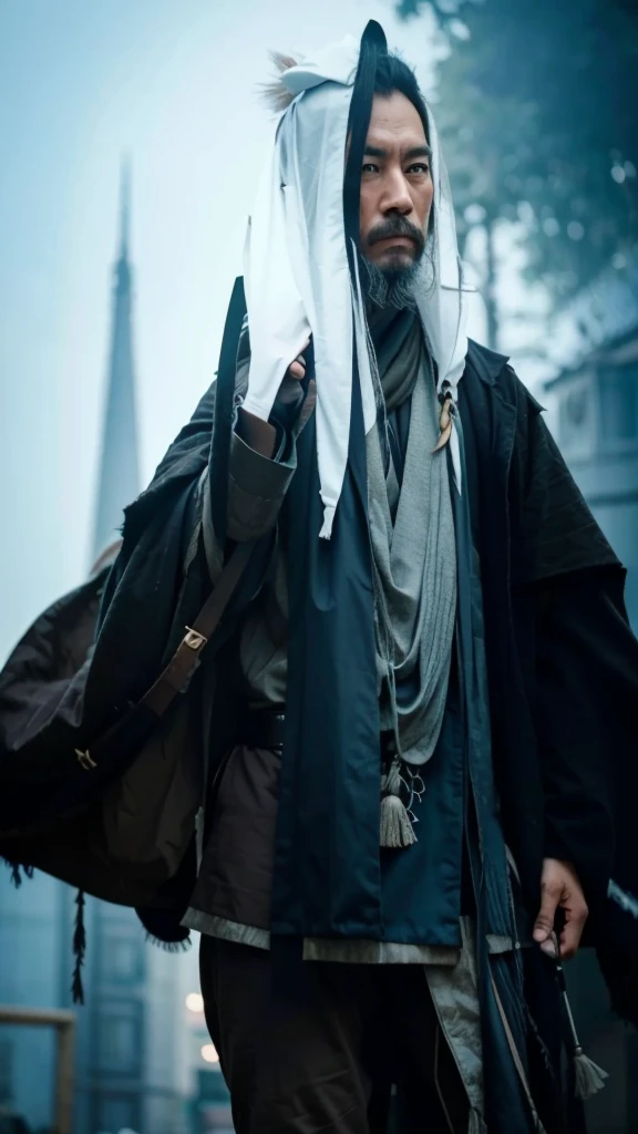 This image shows a man on horseback,His attire and look seemed to reflect his Chinese background。Man with beard,Hair tied on top of head,Liu Bang, Emperor Gaozu of Han。His expression is serious,Gaze into the distance,Seems to be thinking or observing something。
Man wearing traditional Chinese robe,Wearing a heavy scarf,The clothing style is simple but impressive。The overall tone of the picture is cold,Background blur,But you can see some flags and the outlines of buildings.,Maybe during a war or military campaign.。