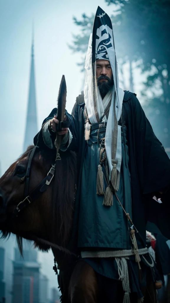 This image shows a man on horseback,His attire and look seemed to reflect his Chinese background。Man with beard,Hair tied on top of head,Liu Bang, Emperor Gaozu of Han。His expression is serious,Gaze into the distance,Seems to be thinking or observing something。
Man wearing traditional Chinese robe,Wearing a heavy scarf,The clothing style is simple but impressive。The overall tone of the picture is cold,Background blur,But you can see some flags and the outlines of buildings.,Maybe during a war or military campaign.。
