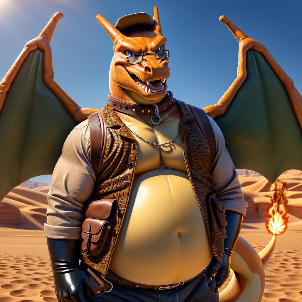 Male, fat, extremely obese, Charizard, blue eyes, (posing:1.3), (soft shading), 4k, hi res, ((detailed face, detailed)), looking at viewer, smile, open mouth, desert, cactus, shirt, hat, male focus, cowboy shot, glasses, pants, bag, vest, backpack, sleeves rolled up, round eyewear, brown headwear, brown vest, whiskers, Charizard is wearing a glossy leather dog collar around the neck, Charizard is wearing the leather collar and shirt and vest at the same time, Charizard is wearing glossy black rubber gloves on the hands, gloves are rubber in texture.