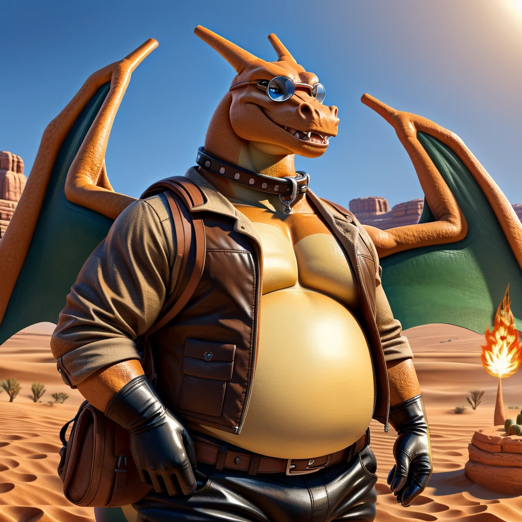 Male, fat, extremely obese, Charizard, blue eyes, (posing:1.3), (soft shading), 4k, hi res, ((detailed face, detailed)), looking at viewer, smile, open mouth, desert, cactus, shirt, hat, male focus, cowboy shot, glasses, pants, bag, vest, backpack, sleeves rolled up, round eyewear, brown headwear, brown vest, whiskers, Charizard is wearing a glossy leather dog collar around the neck, Charizard is wearing the leather collar and shirt and vest at the same time, Charizard is wearing glossy black rubber gloves on the hands, gloves are rubber in texture.