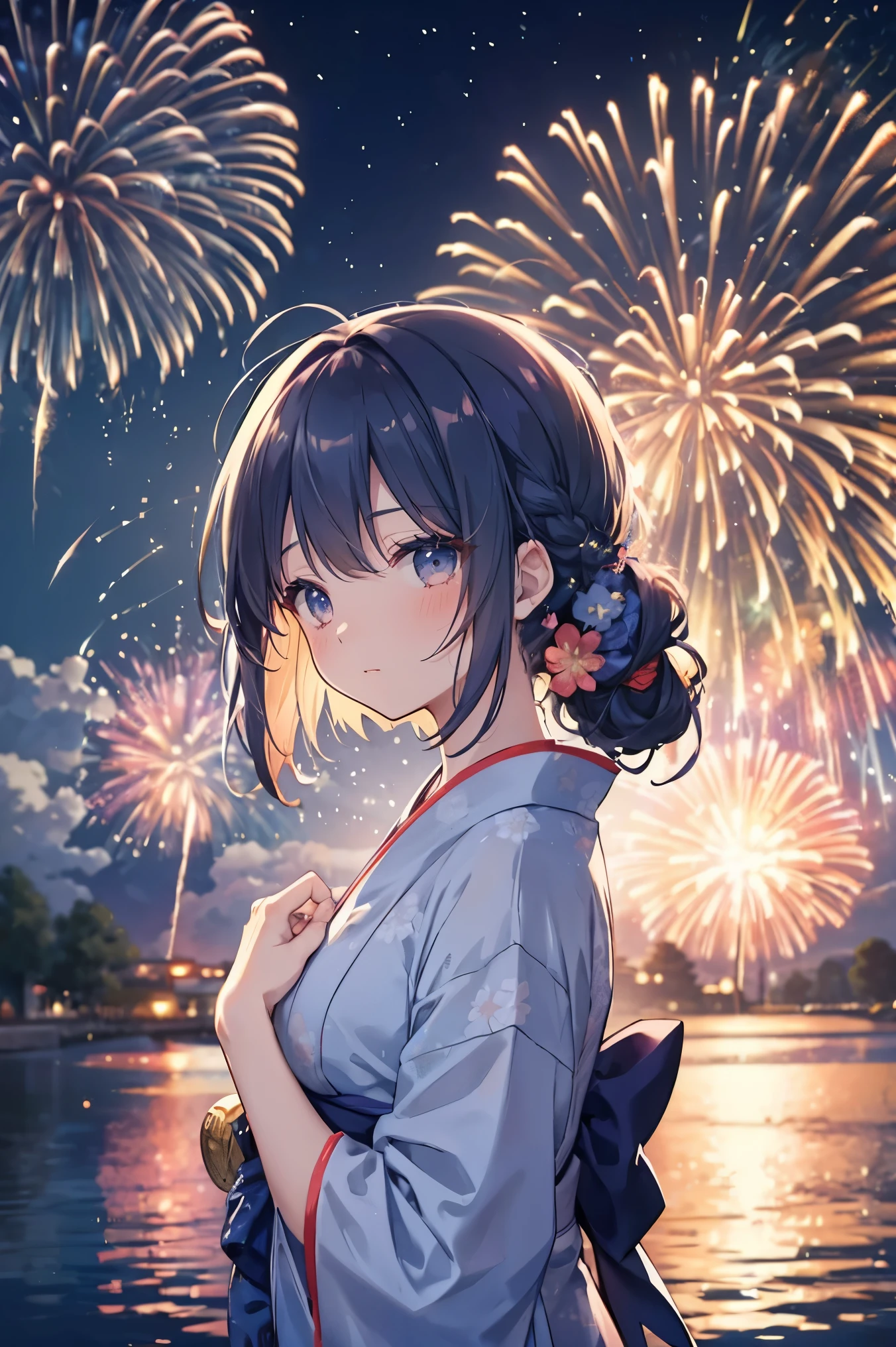 A thoughtful anime-style girl wearing a blue traditional yukata with vibrant floral patterns watches the fireworks。. Her hair is long and a little messy, And she、Illuminating the night sky with countless colors、Look up at the sky filled with dazzling fireworks. You can see the reflection of the fireworks on the nearby water surface., casting a magical ambiance. This scene exudes the lively atmosphere of a summer night with fireworks.。, The characters are immersed in the beauty and excitement of the event..