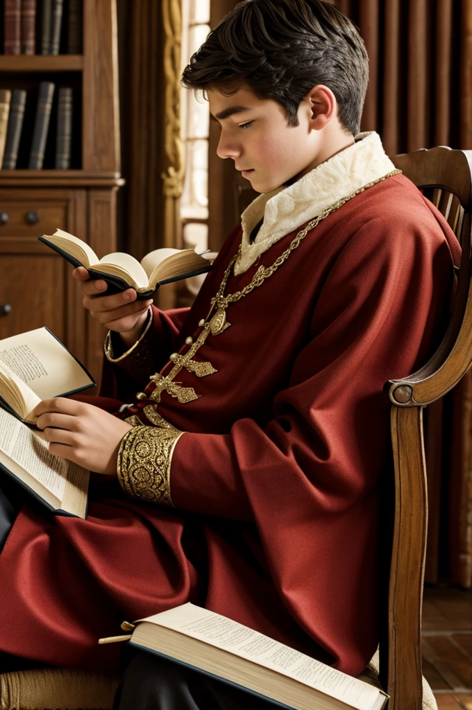A 15 year old male nobleman is reading a book.