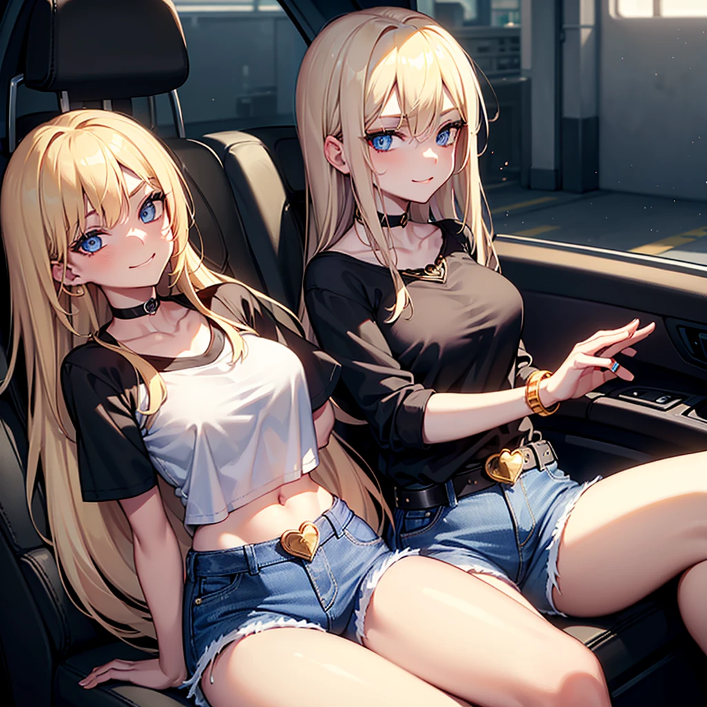 ((highest quallity)),Kizi, alone, pretty, sitting,inside of a car,back seat, long blonde hair, Grinning, shorts jeans, black t-shirt tucked into shorts,((medium breasts: 1.2)) looking at the spectator, bracelete, choker, shining blue eyes, aretes, waist belt, gold ring on finger, Healthy, glowing skin, detailed hands