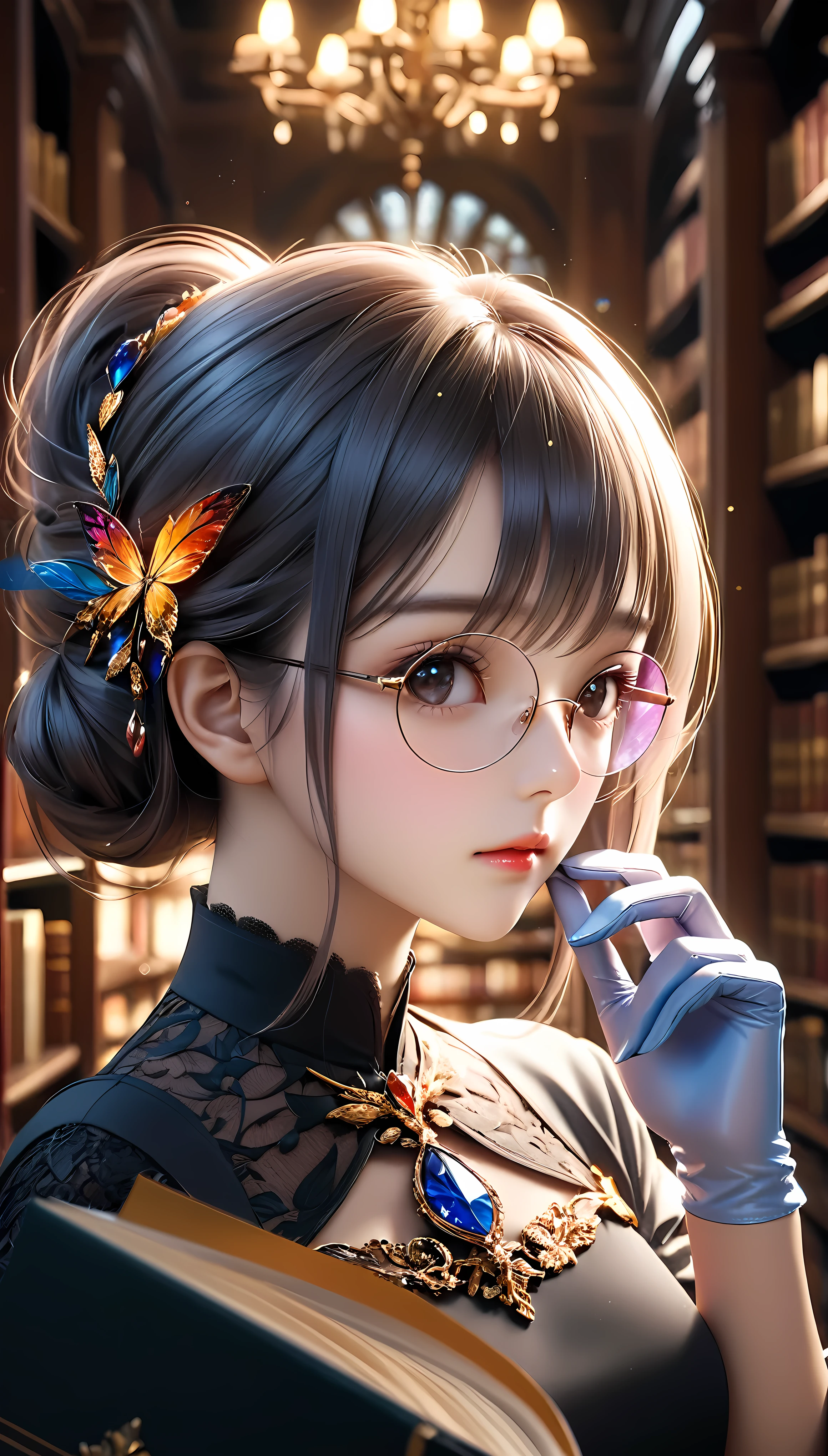 ((Masterpiece in maximum 16K resolution):1.6),((soft_color_photograpy:)1.5), ((Ultra-Detailed):1.4),((Movie-like still images and dynamic angles):1.3). | (cinematic photo of beautiful female with exotic glasses with colored lens), (majestic library), (beautiful female with fancy hand gloves), (focus on the exotic glasses with colored lens), (cinematic style), (rare books), (luminous object), (serene atmosphere), (shimmer), (aesthetic background), (visual experience),(Realism), (Realistic),award-winning graphics, dark shot, film grain, extremely detailed, Digital Art, rtx, Unreal Engine, scene concept anti glare effect, All captured with sharp focus. | Rendered in ultra-high definition with UHD and retina quality, this masterpiece ensures anatomical correctness and textured skin with super detail. With a focus on high quality and accuracy, this award-winning portrayal captures every nuance in stunning 16k resolution, immersing viewers in its lifelike depiction. | ((perfect_composition, perfect_design, perfect_layout, perfect_detail, ultra_detailed)), ((enhance_all, fix_everything)), More Detail, Enhance.