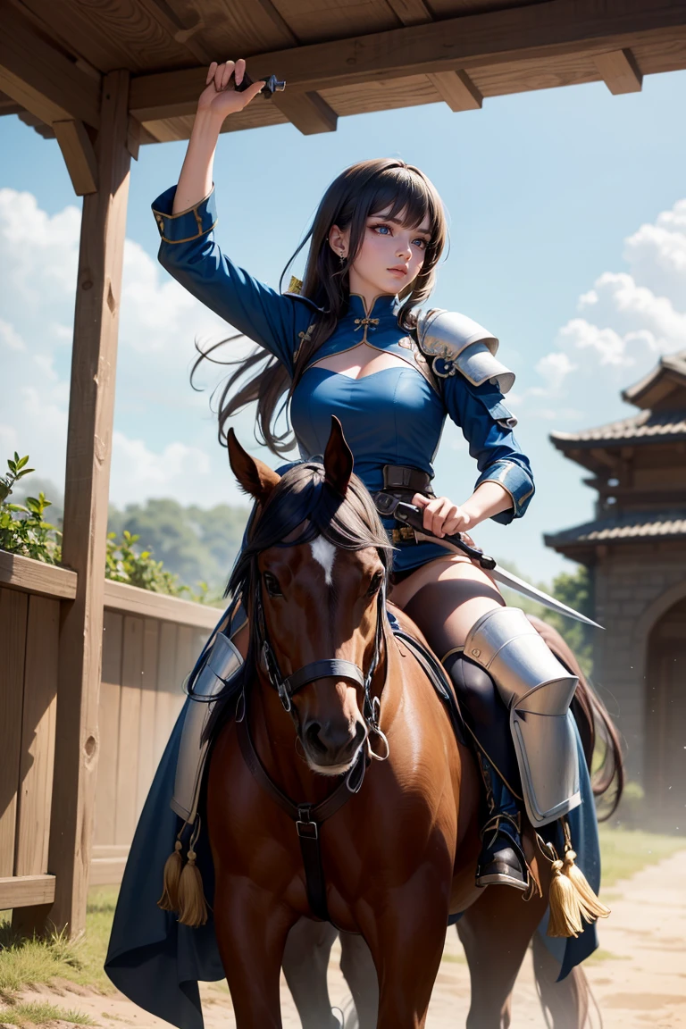 sexy swordsman knight woman riding on a horse on the battlefield