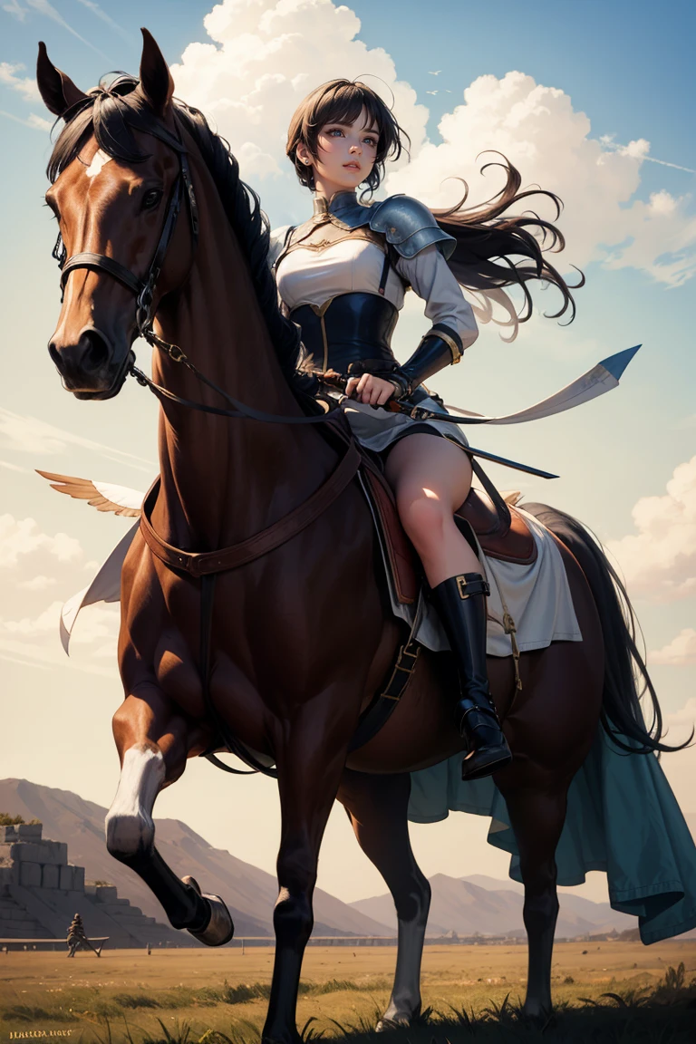 sexy swordsman knight woman riding on a horse on the battlefield