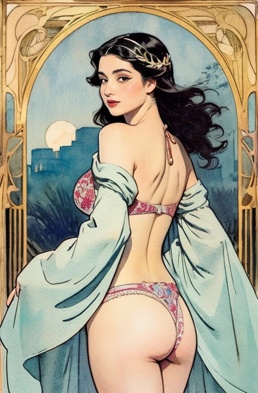 ((masterpiece)), (best quality), (ish), Art Nouveau watercolor painting , moon goddess , Big breasts,robe,thong,Show your neck,bare shoulders,Show belly button,camel toe exposed,big eyes, long, thick eyelashes, plump lips, dark red eyes, hair long and thick, high ponytail, chubby, flowery_background, Intricate designs and patterns in the style of Alphonse Mucha.from behind