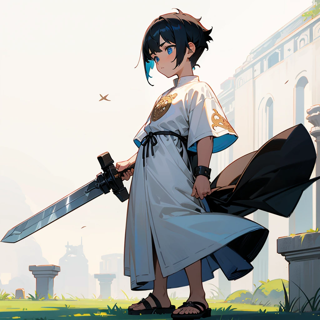 1little boys, Full body version, blue eyes, undercut hair, black colour hair, plain full white tunic Ancient Roman clothing, short sleeve shirt, gladiator sandals, plain sword in hand, Grassroots background 