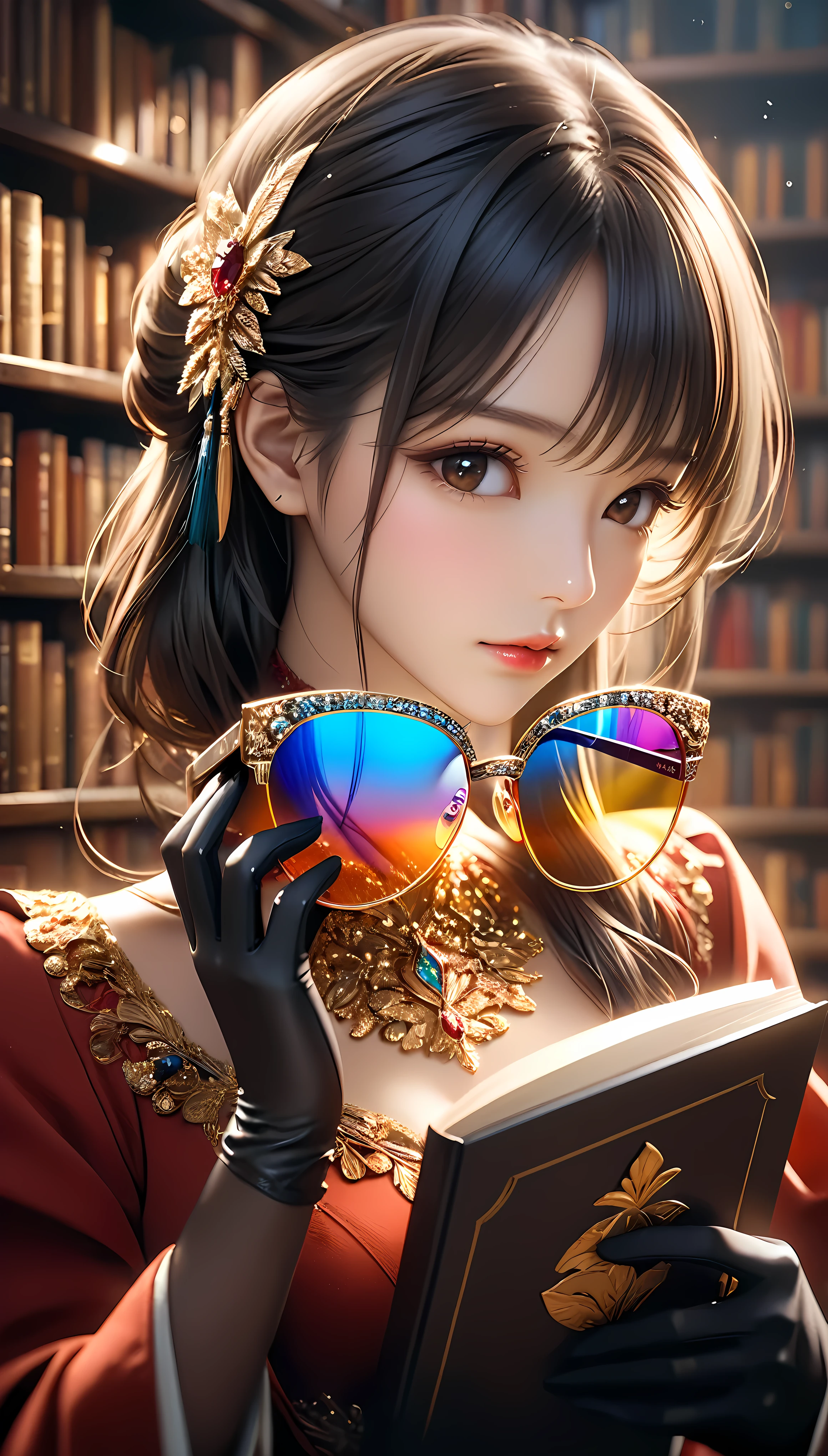 ((Masterpiece in maximum 16K resolution):1.6),((soft_color_photograpy:)1.5), ((Ultra-Detailed):1.4),((Movie-like still images and dynamic angles):1.3). | (cinematic photo of beautiful female with exotic glasses with colored lens), (majestic library), (beautiful female with fancy hand gloves), (focus on the exotic glasses with colored lens), (cinematic style), (rare books), (luminous object), (serene atmosphere), (shimmer), (aesthetic background), (visual experience),(Realism), (Realistic),award-winning graphics, dark shot, film grain, extremely detailed, Digital Art, rtx, Unreal Engine, scene concept anti glare effect, All captured with sharp focus. | Rendered in ultra-high definition with UHD and retina quality, this masterpiece ensures anatomical correctness and textured skin with super detail. With a focus on high quality and accuracy, this award-winning portrayal captures every nuance in stunning 16k resolution, immersing viewers in its lifelike depiction. | ((perfect_composition, perfect_design, perfect_layout, perfect_detail, ultra_detailed)), ((enhance_all, fix_everything)), More Detail, Enhance.