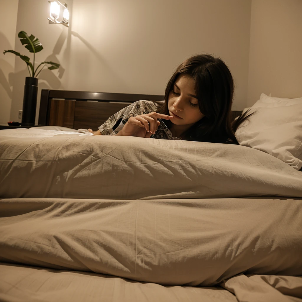 A scared woman at night laying in her bed reaching for her phone