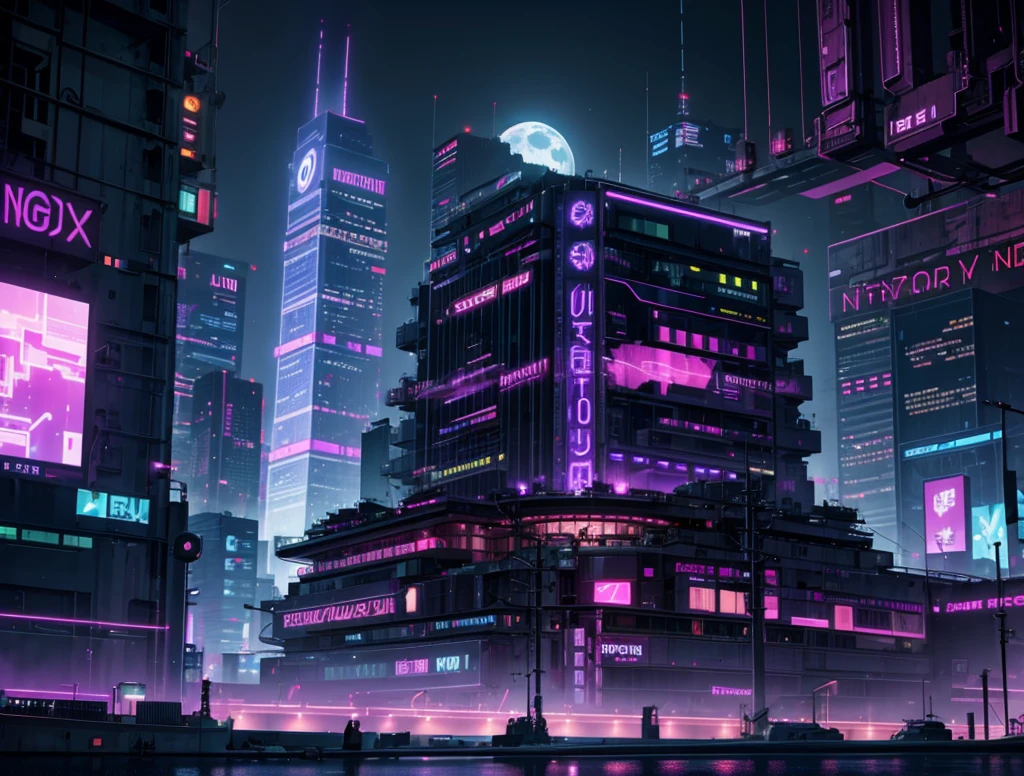 cyberpunk city, neon light, ight, HDR, futuristic building, purple light, purple moon, purple theme, traffic light, 4k resolution, landscape, depth of field, skyscraper