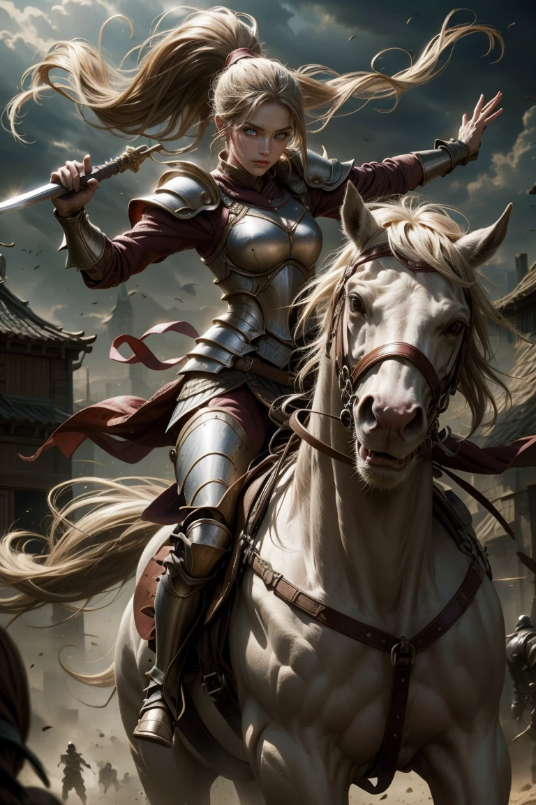 sexy swordsman knight woman riding on a horse on the battlefield