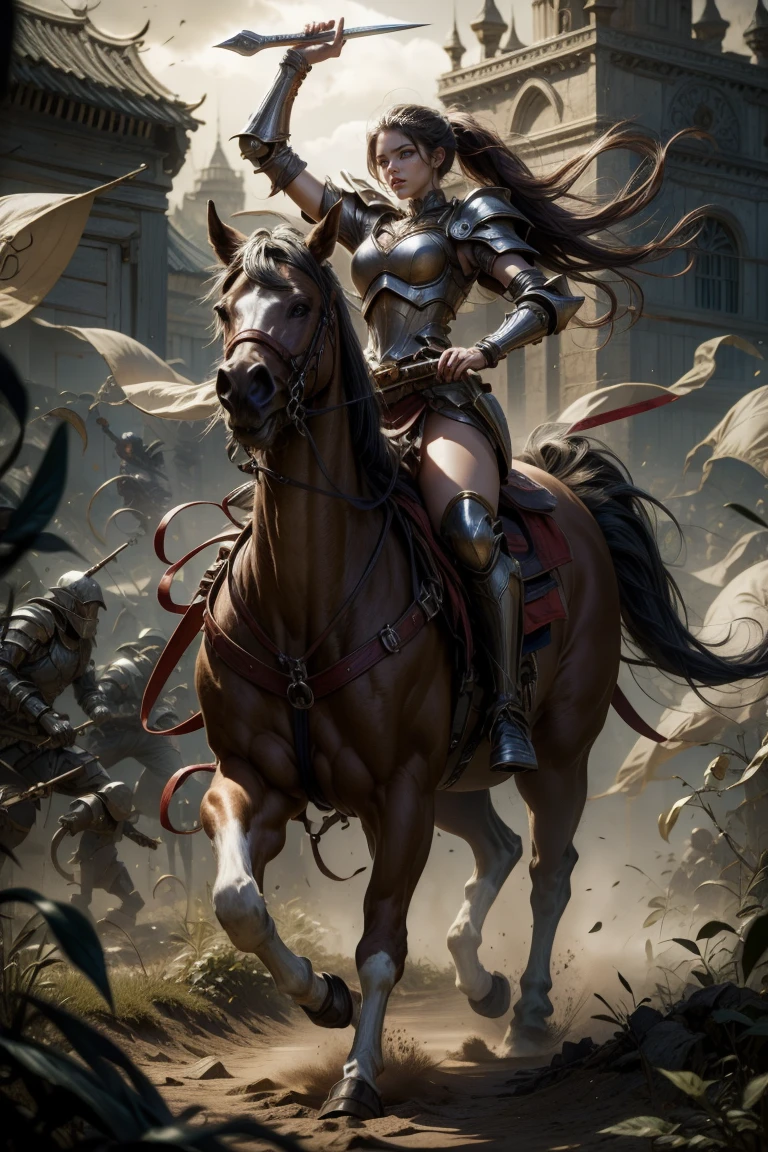 sexy swordsman knight woman riding on a horse on the battlefield