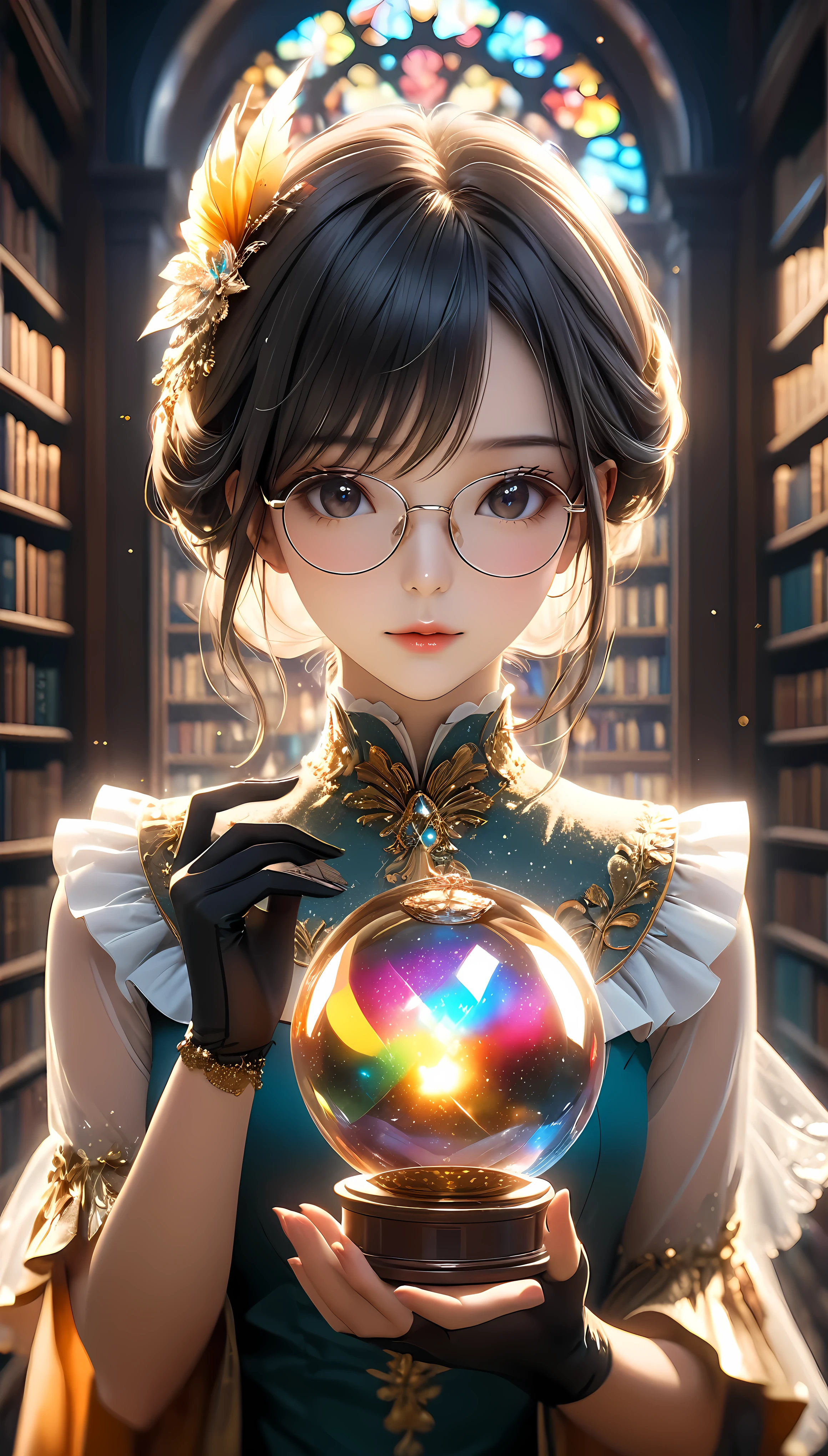 ((Masterpiece in maximum 16K resolution):1.6),((soft_color_photograpy:)1.5), ((Ultra-Detailed):1.4),((Movie-like still images and dynamic angles):1.3). | (cinematic photo of beautiful female with exotic glasses with colored lens), (majestic library), (beautiful female with fancy hand gloves), (focus on the exotic glasses with colored lens), (cinematic style), (rare books), (luminous object), (serene atmosphere), (shimmer), (aesthetic background), (visual experience),(Realism), (Realistic),award-winning graphics, dark shot, film grain, extremely detailed, Digital Art, rtx, Unreal Engine, scene concept anti glare effect, All captured with sharp focus. | Rendered in ultra-high definition with UHD and retina quality, this masterpiece ensures anatomical correctness and textured skin with super detail. With a focus on high quality and accuracy, this award-winning portrayal captures every nuance in stunning 16k resolution, immersing viewers in its lifelike depiction. | ((perfect_composition, perfect_design, perfect_layout, perfect_detail, ultra_detailed)), ((enhance_all, fix_everything)), More Detail, Enhance.
