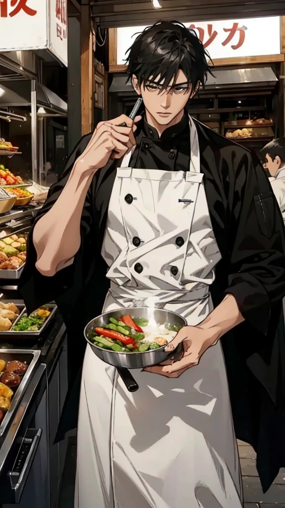 A handsome young man with black hair, dressed in a professional chef's outfit, is standing at a bustling street food stall. He is focused and skillfully preparing a delicious dish, with various cooking utensils and ingredients around him. The background features a vibrant market scene with other food stalls, colorful signs, and a crowd of people eagerly waiting for their food, emphasizing his dedication and expertise in the culinary arts.
