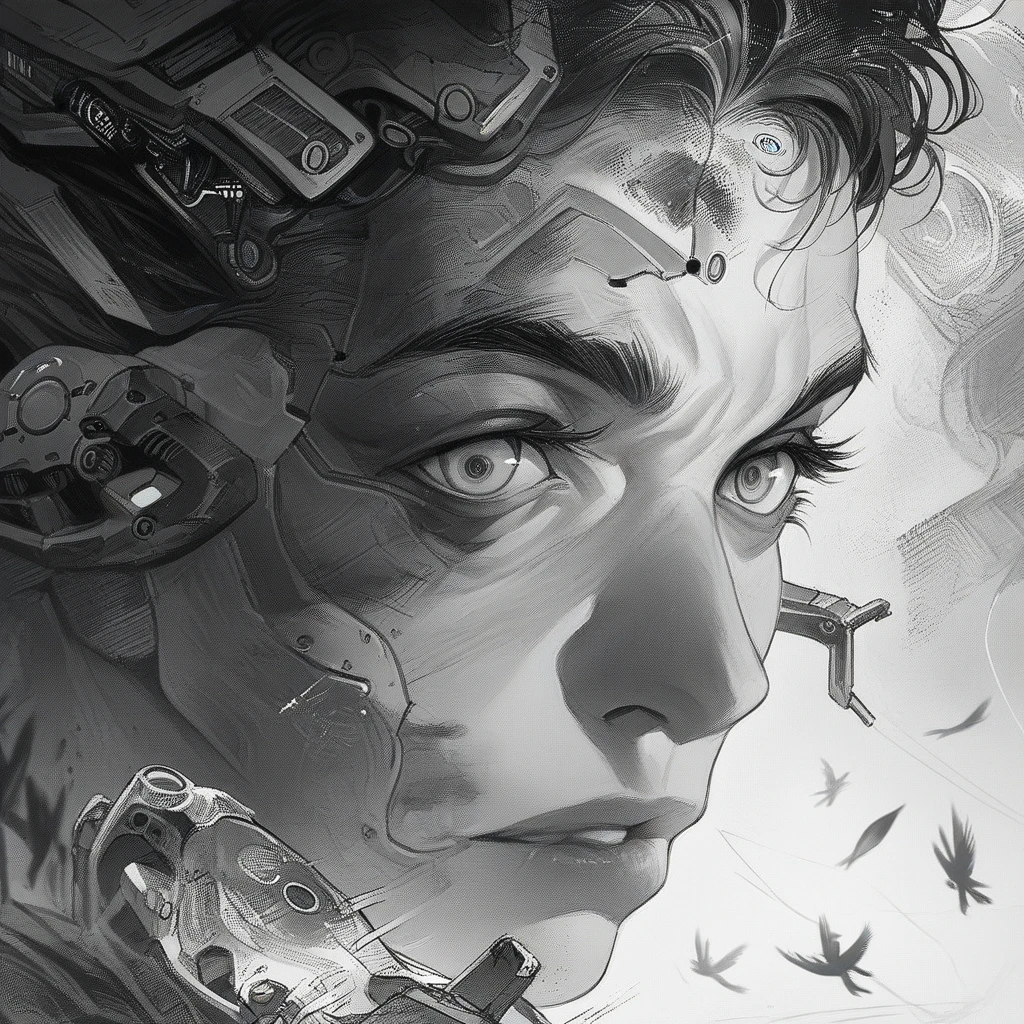A highly detailed and intricate artwork featuring a realistic human face as the central focus. The face, particularly the eyes, is surrounded by a fusion of organic and mechanical elements. The background is filled with patterns of plants and mechanical parts, creating a contrast between nature and technology. The color scheme is monochromatic, emphasizing strong contrasts of light and shadow. Abstract shapes and birds are scattered throughout, adding a fantastical and surreal atmosphere. The artwork blends themes of cyberpunk and biomechanical aesthetics, highlighting the interplay between humanity and technology.