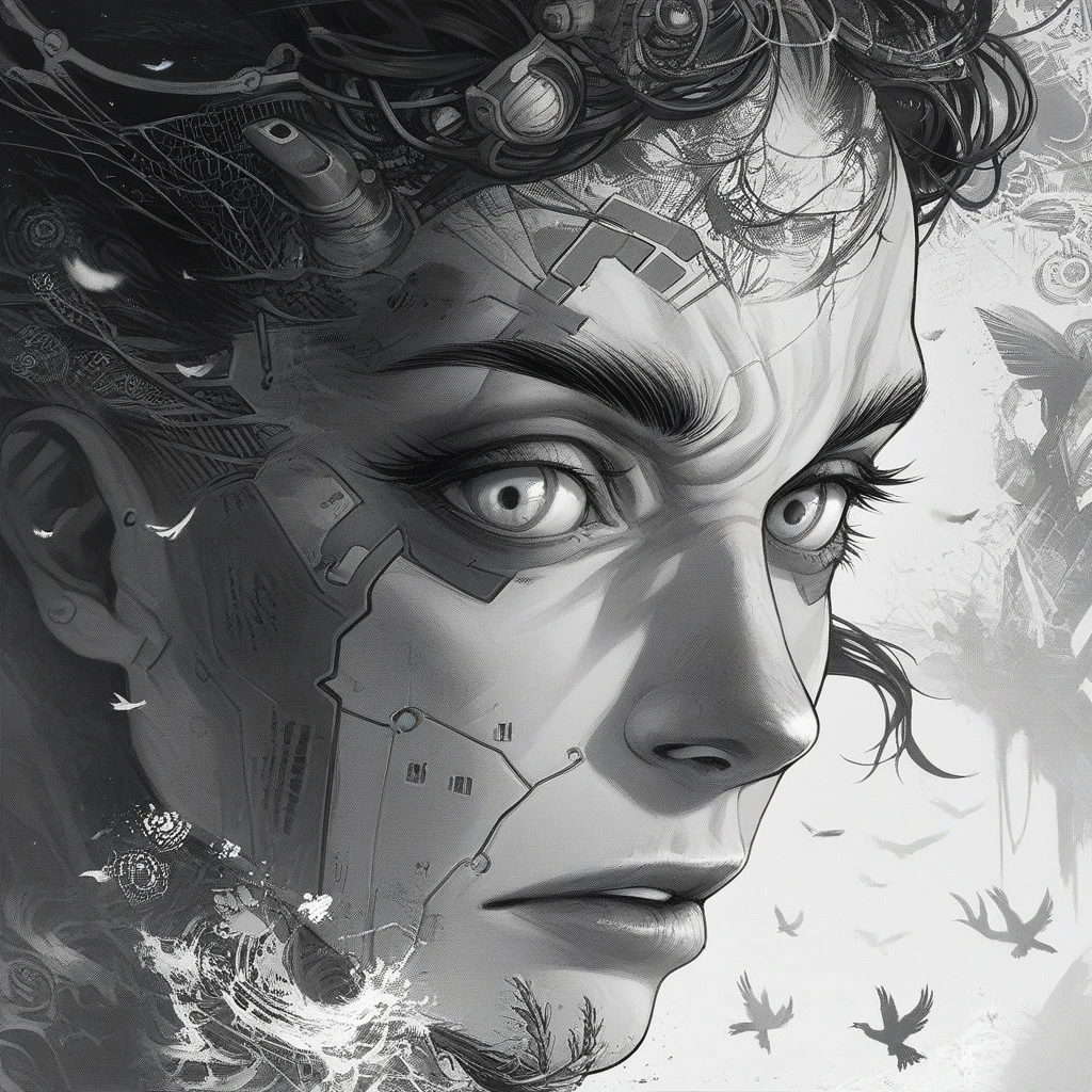 A highly detailed and intricate artwork featuring a realistic human face as the central focus. The face, particularly the eyes, is surrounded by a fusion of organic and mechanical elements. The background is filled with patterns of plants and mechanical parts, creating a contrast between nature and technology. The color scheme is monochromatic, emphasizing strong contrasts of light and shadow. Abstract shapes and birds are scattered throughout, adding a fantastical and surreal atmosphere. The artwork blends themes of cyberpunk and biomechanical aesthetics, highlighting the interplay between humanity and technology.