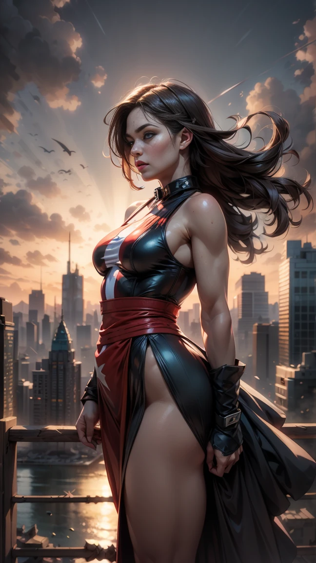 A modern-day warrior woman draped in her country's flag, standing atop a hill with a cityscape below, the scene rendered in dramatic lighting that emphasizes her strength and the dynamic composition of the patriotic theme.