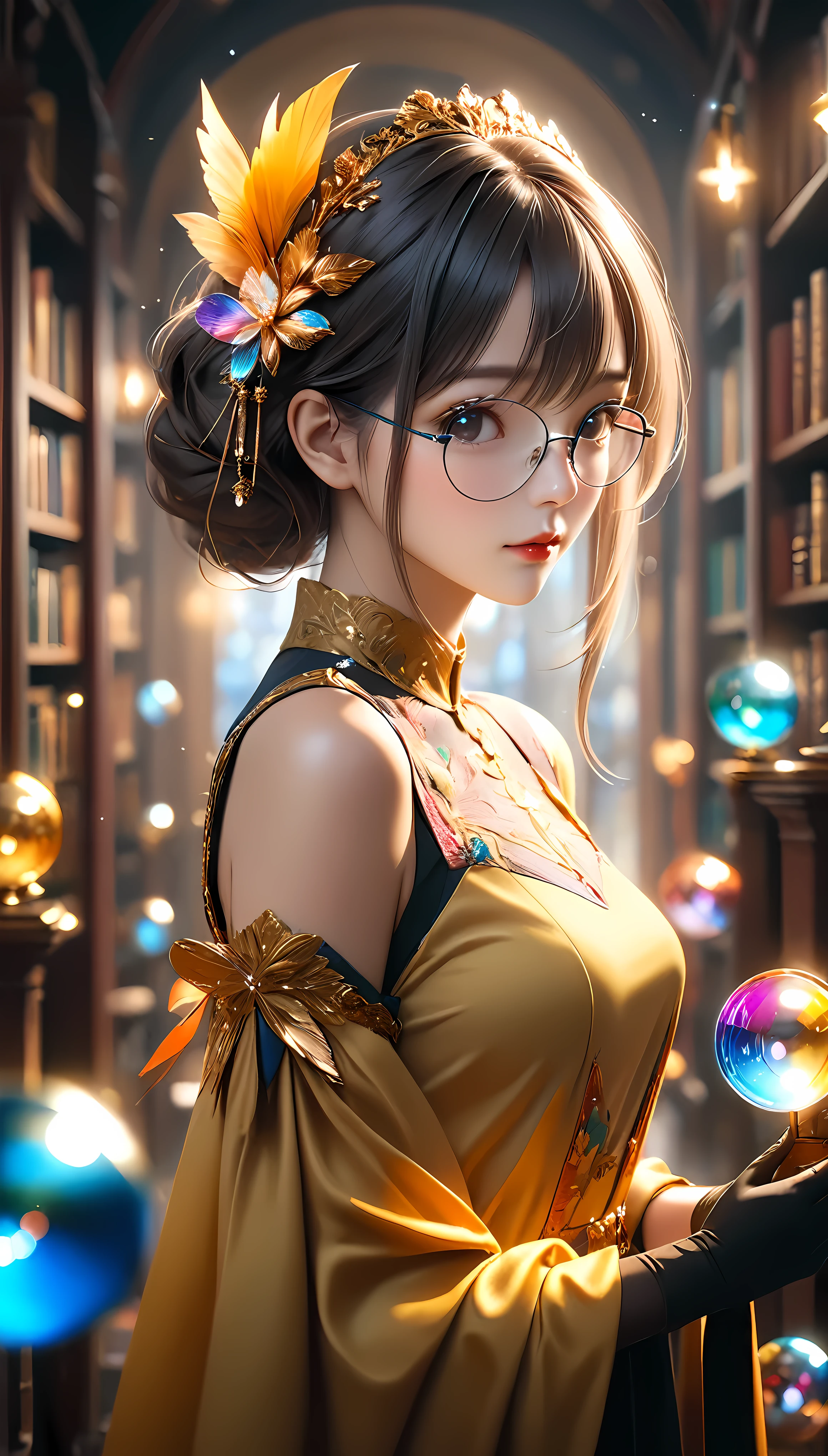 ((Masterpiece in maximum 16K resolution):1.6),((soft_color_photograpy:)1.5), ((Ultra-Detailed):1.4),((Movie-like still images and dynamic angles):1.3). | (cinematic photo of beautiful female with exotic glasses with colored lens), (majestic library), (beautiful female with fancy hand gloves), (focus on the exotic glasses with colored lens), (cinematic style), (rare books), (luminous object), (serene atmosphere), (shimmer), (aesthetic background), (visual experience),(Realism), (Realistic),award-winning graphics, dark shot, film grain, extremely detailed, Digital Art, rtx, Unreal Engine, scene concept anti glare effect, All captured with sharp focus. | Rendered in ultra-high definition with UHD and retina quality, this masterpiece ensures anatomical correctness and textured skin with super detail. With a focus on high quality and accuracy, this award-winning portrayal captures every nuance in stunning 16k resolution, immersing viewers in its lifelike depiction. | ((perfect_composition, perfect_design, perfect_layout, perfect_detail, ultra_detailed)), ((enhance_all, fix_everything)), More Detail, Enhance.
