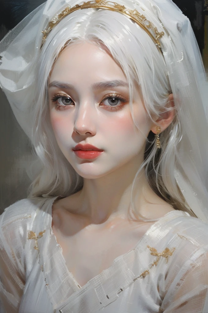 classical painting, ((close-up: 1.4)), details of the face of a girl in a white dress, Asian, young girl, pale skin, detailed drawing of the face, white hair, gold eyes, monochrome image with accent color, red veil 