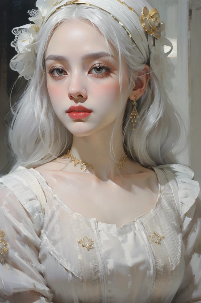 classical painting, ((close-up: 1.4)), details of the face of a girl in a white dress, Asian, young girl, pale skin, detailed drawing of the face, white hair, gold eyes, monochrome image with accent color, red veil 