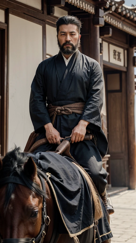 This image shows a man on horseback,His attire and look seemed to reflect his Chinese background。Man with beard,Hair tied on top of head,Liu Bang, Emperor Gaozu of Han。His expression is serious,Gaze into the distance,Seems to be thinking or observing something。
Man wearing traditional Chinese robe,Wearing a heavy scarf,The clothing style is simple but impressive。The overall tone of the picture is cold,Background blur,But you can see some flags and the outlines of buildings.,Maybe during a war or military campaign.。