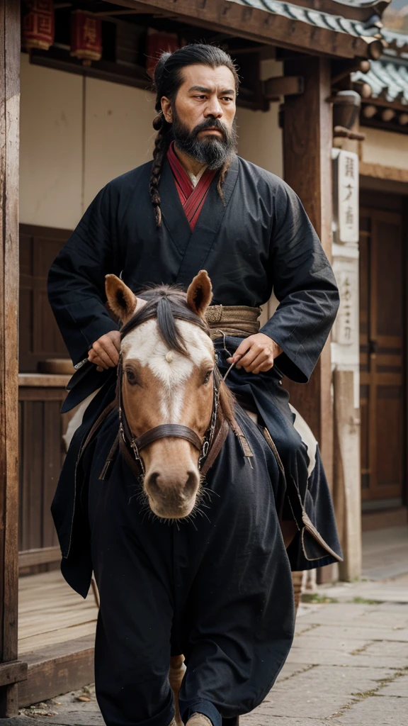 This image shows a man on horseback,His attire and look seemed to reflect his Chinese background。Man with beard,Hair tied on top of head,Liu Bang, Emperor Gaozu of Han。His expression is serious,Gaze into the distance,Seems to be thinking or observing something。
Man wearing traditional Chinese robe,Wearing a heavy scarf,The clothing style is simple but impressive。The overall tone of the picture is cold,Background blur,But you can see some flags and the outlines of buildings.,Maybe during a war or military campaign.。