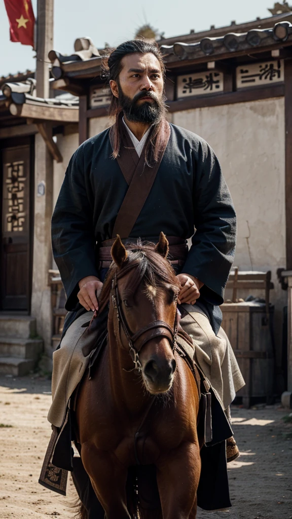 This image shows a man on horseback，His attire and look seemed to reflect his Chinese background。Man with beard，Hair tied on top of head，Liu Bang, Emperor Gaozu of Han。His expression is serious，Gaze into the distance，Seems to be thinking or observing something。

Man wearing traditional Chinese robe，Wearing a heavy scarf，The clothing style is simple but impressive。The overall tone of the picture is cold，Background blur，But you can see some flags and the outlines of buildings.，Maybe during a war or military campaign.。