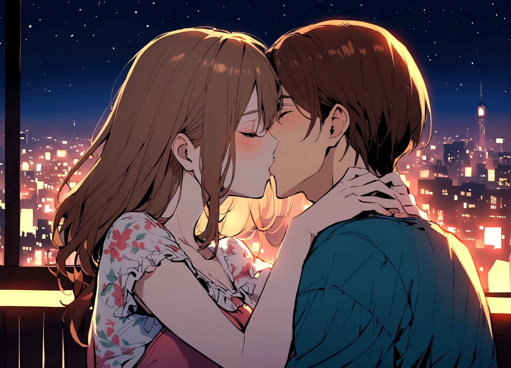 a couple kissing , male and female, brown hair, night time