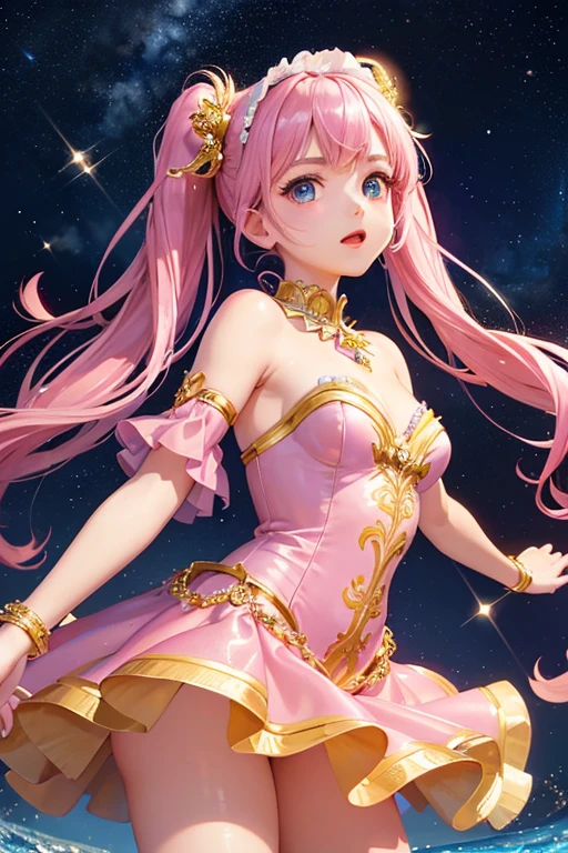 Highest quality、Highest quality、Masterpiece、woman1people、Pink shiny decollete dress、Golden embroidery、Frill mini skirt dress、Perfect body line、Adorable poses、Realistic、Glowing Skin、Groomed eyebrows、Pink Lips、Blue Eyes、Twin tails、delicate、Shiny Hair、detailed、Skirt in the wind、The background is the starry sky and the sea、