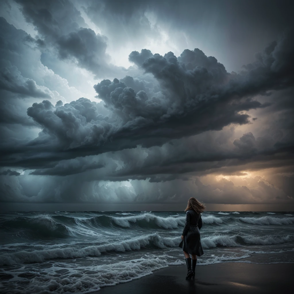 close view of full body nude young belgian woman, in erotic pose , hairy pubic , background ocean waves with foam, thunderclouds, lightnings