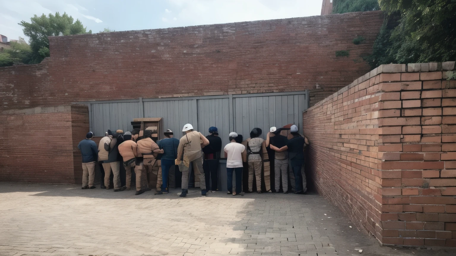 ((Best Quality)), ((Masterpiece)), (detailed), men building a wall with bricks